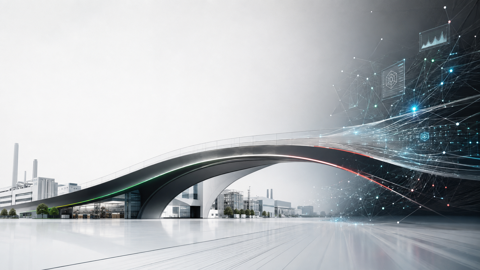 Ponte tecnologico che collega edifici industriali reali a una rete digitale di dati
